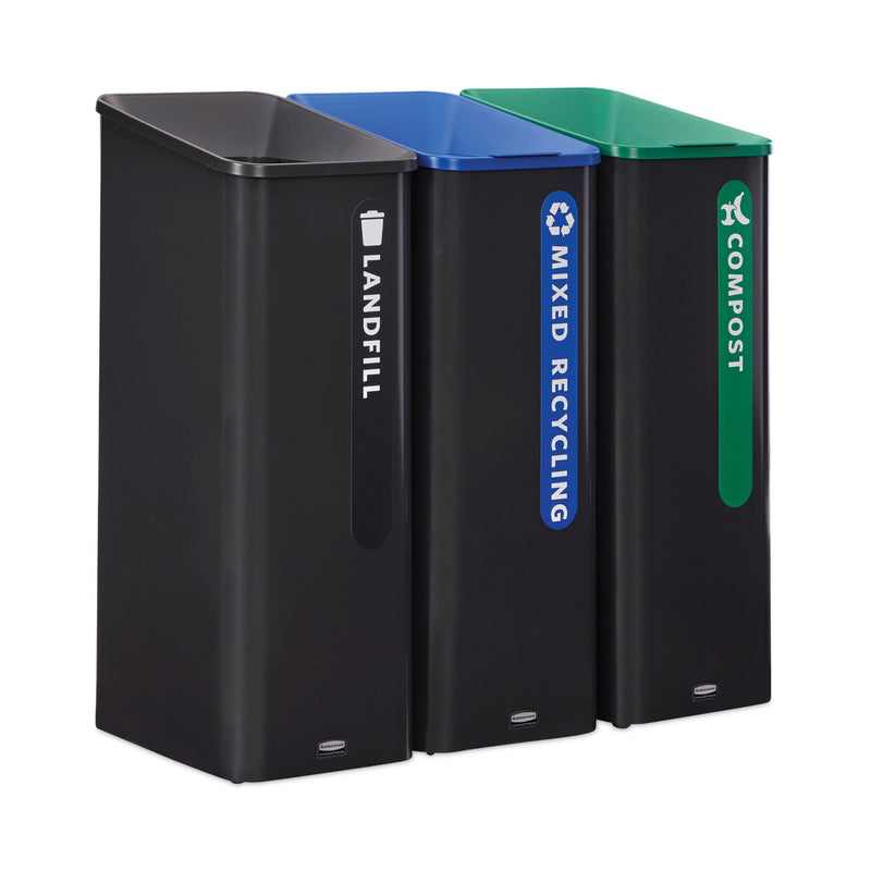 Rubbermaid Sustain Decorative Refuse with Recycling Lid, 15 gal, Metal/Plastic, Black/Blue (RCP2078994) Each