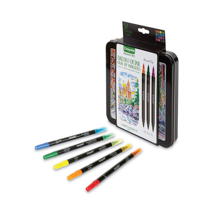 Crayola® Brush and Detail Dual Ended Markers, Extra-Fine Brush/Bullet Tips, Assorted Colors, 16/Set (CYO586501)