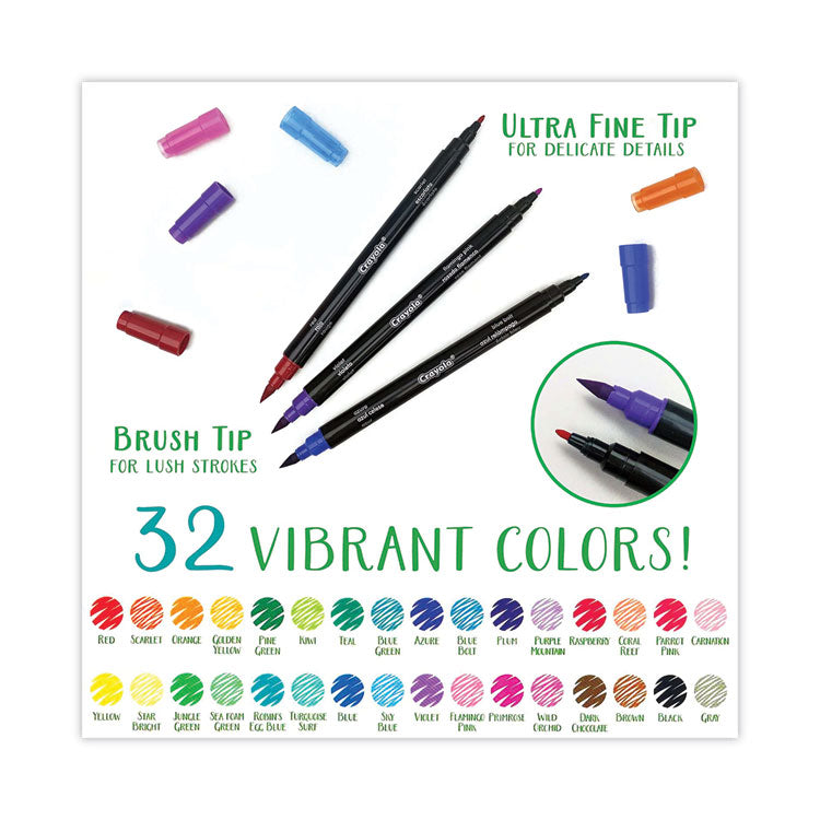 Crayola® Brush and Detail Dual Ended Markers, Extra-Fine Brush/Bullet Tips, Assorted Colors, 16/Set (CYO586501)