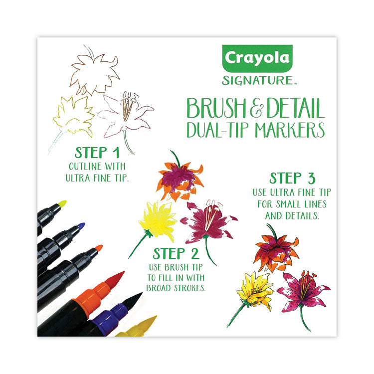 Crayola® Brush and Detail Dual Ended Markers, Extra-Fine Brush/Bullet Tips, Assorted Colors, 16/Set (CYO586501)
