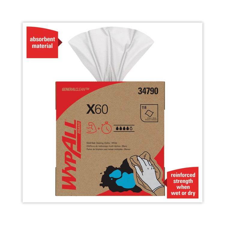 WypAll® General Clean X60 Cloths, POP-UP Box, 8.34 x 16.8, White, 118/Box (KCC34790BX)