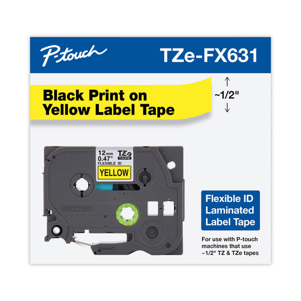 Brother P-Touch® TZe Flexible Tape Cartridge for P-Touch Labelers, 0.47" x 26.2 ft, Black on Yellow (BRTTZEFX631CS) Each