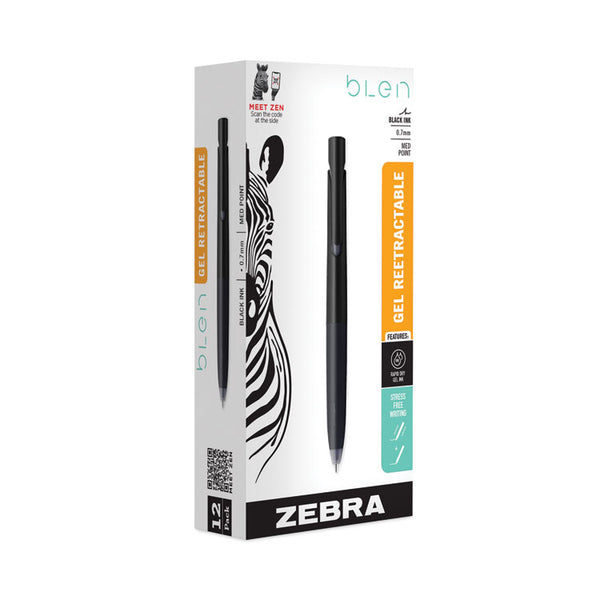 Zebra® bLen Gel Pen, Retractable, Fine 0.7 mm, Black Ink, Black Barrel, Dozen (ZEB41410)