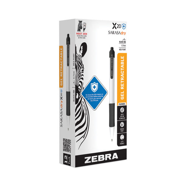 Zebra® Sarasa Dry X20+ Gel Pen, Retractable, Fine 0.7 mm, Black Ink, White/Black Barrel, Dozen (ZEB41610) Pack of 12