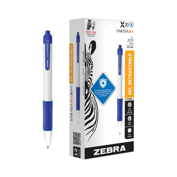 Zebra® Sarasa Dry X20+ Gel Pen, Retractable, Fine 0.7 mm, Blue Ink, White/Blue Barrel, Dozen (ZEB41620) Pack of 12