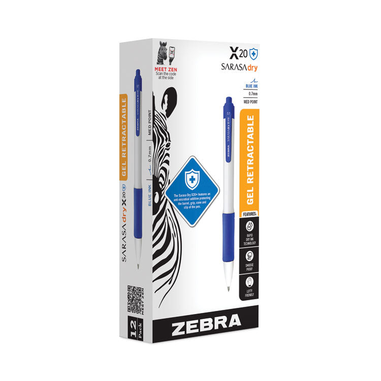 Zebra® Sarasa Dry X20+ Gel Pen, Retractable, Fine 0.7 mm, Blue Ink, White/Blue Barrel, Dozen (ZEB41620) Pack of 12