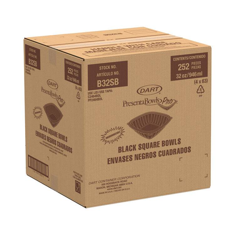 Dart® PresentaBowls Pro Black Square Bowls, 32 oz, 8.5 x 8.5 x 2, Plastic, 63/Bag, 4 Bags/Carton (DCCB32SB) Case of 252