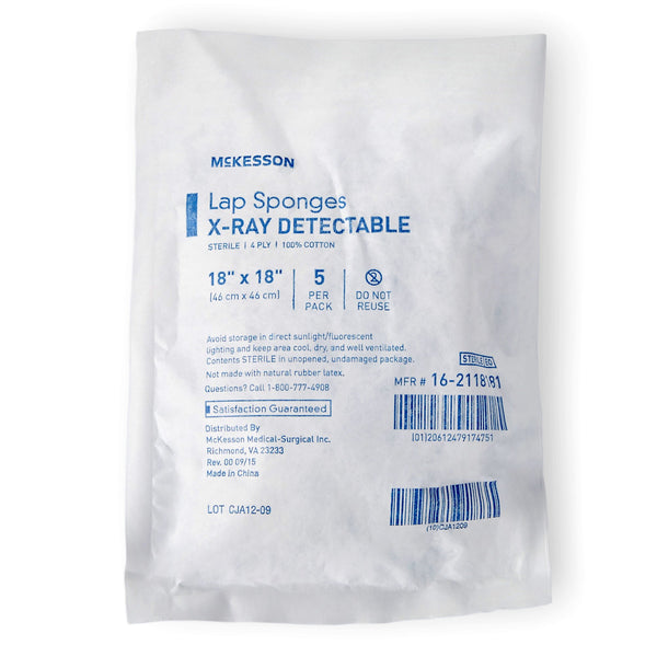 McKesson Surgical Laparotomy Sponge X-Ray Detectable Cotton 18 X 18 Inch 5 Count Soft Pack Sterile (291446_PK) 1/PK