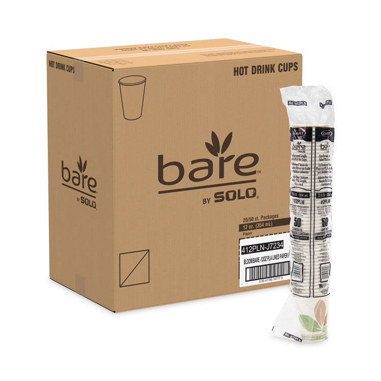 SOLO® Bare Eco-Forward PLA Paper Hot Cups, 12 oz, Leaf Design, White/Green/Orange, 50/Bag, 20 Bags/Carton (SCC412PLNJ7234)