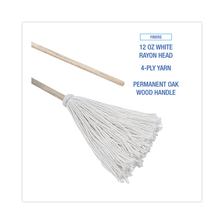 Boardwalk® Handle/Deck Mops, #12 White Rayon Head, 48" Natural Wood Handle, 6/Pack (BWK112R)