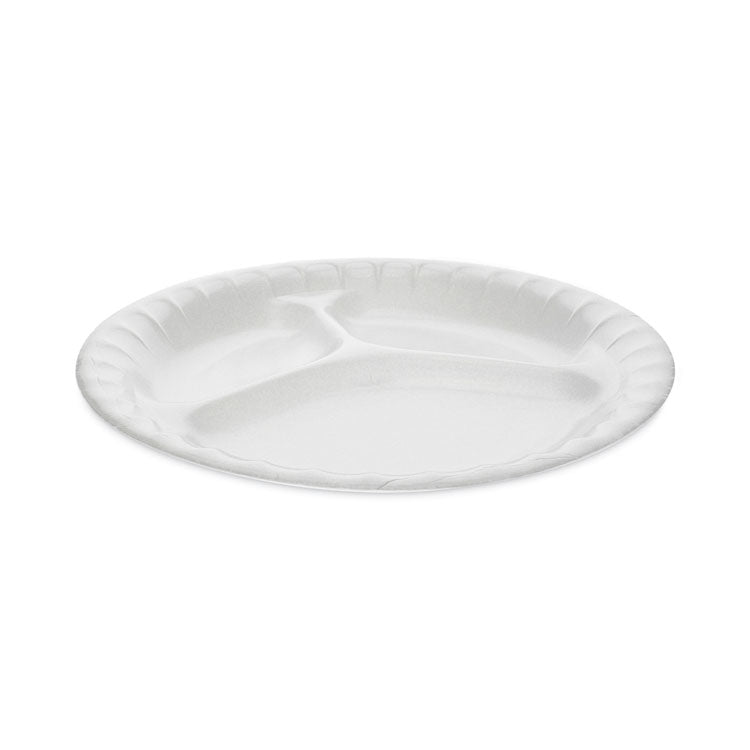 Pactiv Evergreen Placesetter Deluxe Laminated Foam Dinnerware, 3-Compartment Plate, 8.88" dia, White, 500/Carton (PCT0TK100110000)