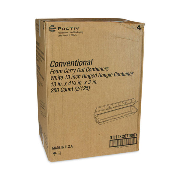 Pactiv Evergreen Foam Hinged Lid Containers, Dual Tab Lock Hoagie, 13 x 4 x 4, White, 250/Carton (PCT0TH1X267000Y) Case of 250