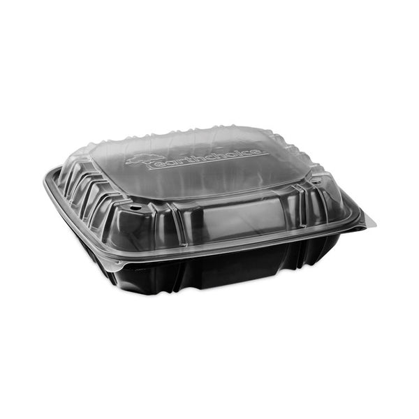 Pactiv Evergreen EarthChoice Vented Dual Color Microwavable Hinged Lid Container, 3-Compartment 34oz, 10.5x9.5x3, Black/Clear, Plastic, 132/CT (PCTDC109310B000) Case of 132