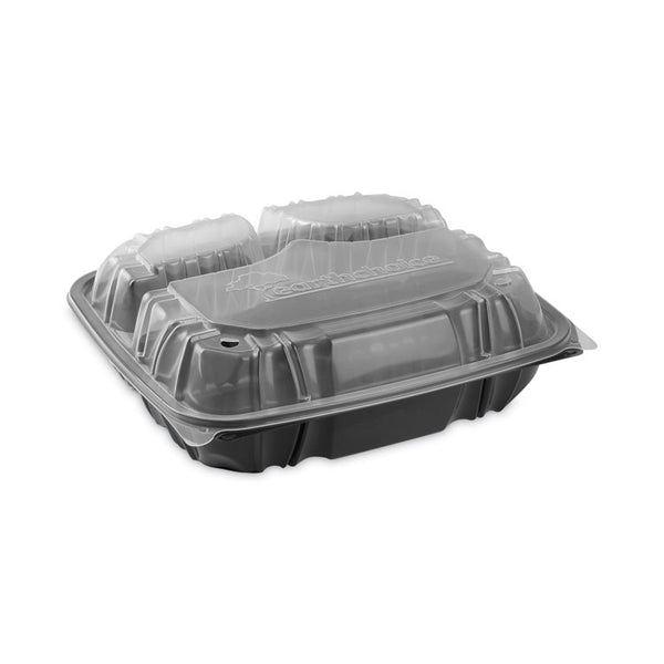 Pactiv Evergreen EarthChoice Vented Dual Color Microwavable Hinged Lid Container, 3-Comp Base/Lid, 34 oz, 10.5x9.5x3, Blk/Clr, Plastic, 132/CT (PCTDC109330B000) Case of 132
