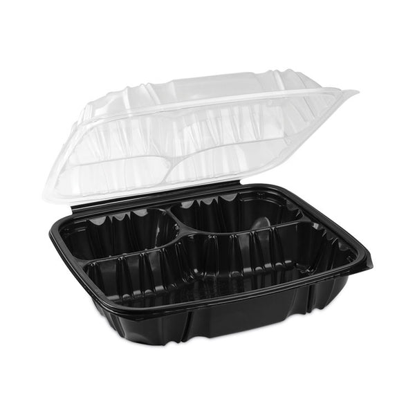 Pactiv Evergreen EarthChoice Vented Dual Color Microwavable Hinged Lid Container, 3-Comp Base/Lid, 34 oz, 10.5x9.5x3, Blk/Clr, Plastic, 132/CT (PCTDC109330B000) Case of 132