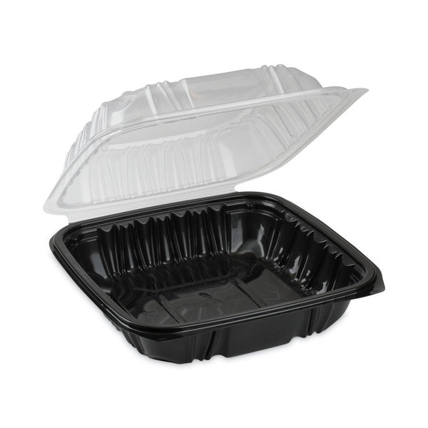 Pactiv Evergreen EarthChoice Vented Dual Color Microwavable Hinged Lid Container, 1-Compartment, 28oz, 7.5x7.5x3, Black/Clear, Plastic, 150/CT (PCTDC757100B000) Case of 150