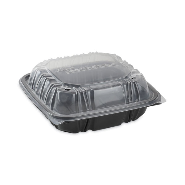 Pactiv Evergreen EarthChoice Vented Dual Color Microwavable Hinged Lid Container, 1-Compartment, 38oz, 8.5x8.5x3, Black/Clear, Plastic, 150/CT (PCTDC858100B000) Case of 150