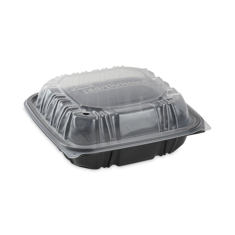 Pactiv Evergreen EarthChoice Vented Dual Color Microwavable Hinged Lid Container, 1-Compartment, 38oz, 8.5x8.5x3, Black/Clear, Plastic, 150/CT (PCTDC858100B000) Case of 150