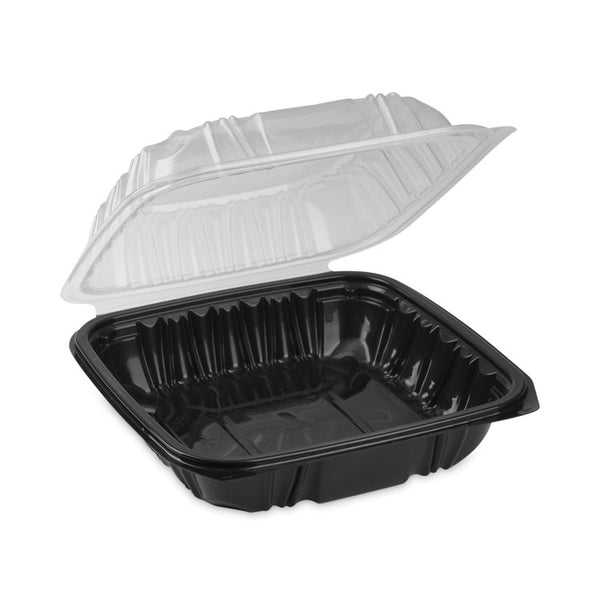 Pactiv Evergreen EarthChoice Vented Dual Color Microwavable Hinged Lid Container, 1-Compartment, 38oz, 8.5x8.5x3, Black/Clear, Plastic, 150/CT (PCTDC858100B000) Case of 150