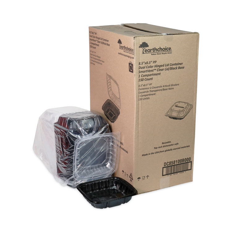 Pactiv Evergreen EarthChoice Vented Dual Color Microwavable Hinged Lid Container, 1-Compartment, 38oz, 8.5x8.5x3, Black/Clear, Plastic, 150/CT (PCTDC858100B000) Case of 150
