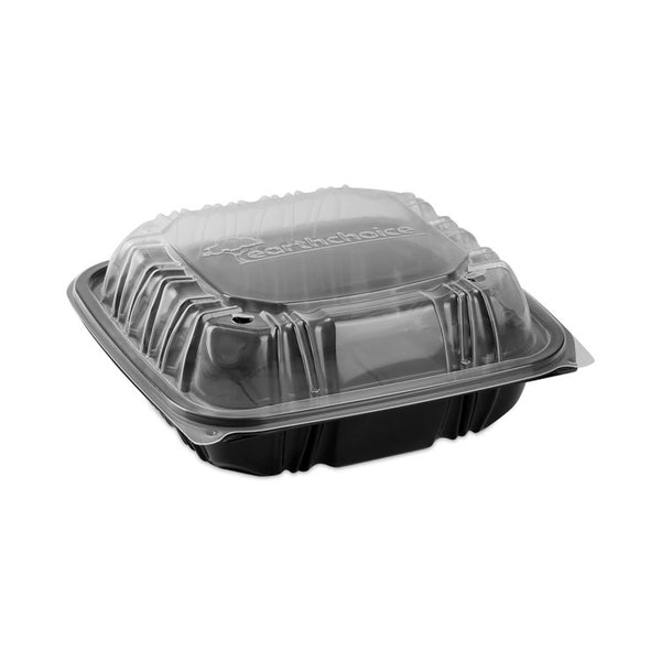 Pactiv Evergreen EarthChoice Vented Dual Color Microwavable Hinged Lid Container, 3-Compartment, 21oz, 8.5x8.5x3, Black/Clear, Plastic, 150/CT (PCTDC858310B000) Case of 150