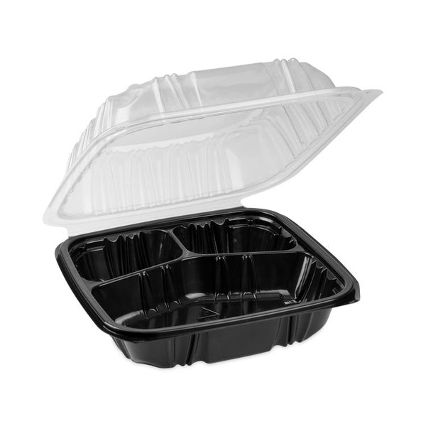 Pactiv Evergreen EarthChoice Vented Dual Color Microwavable Hinged Lid Container, 3-Compartment, 21oz, 8.5x8.5x3, Black/Clear, Plastic, 150/CT (PCTDC858310B000) Case of 150