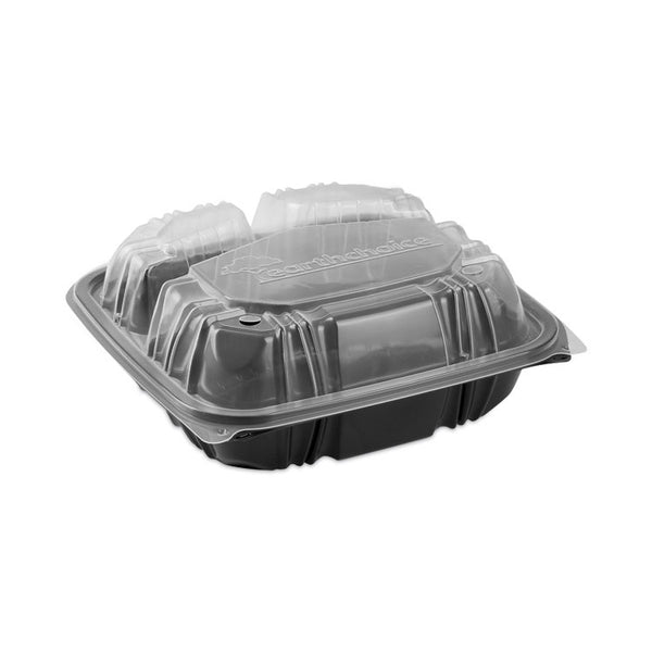 Pactiv Evergreen EarthChoice Vented Dual Color Microwavable Hinged Lid Container, 33oz, 8.5x8.5x3, 3-Compartment, Black/Clear, Plastic, 150/CT (PCTDC858330B000) Case of 150