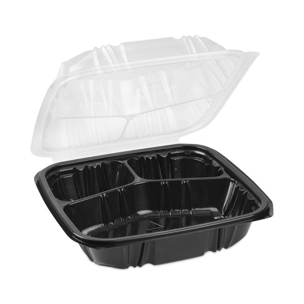 Pactiv Evergreen EarthChoice Vented Dual Color Microwavable Hinged Lid Container, 33oz, 8.5x8.5x3, 3-Compartment, Black/Clear, Plastic, 150/CT (PCTDC858330B000) Case of 150