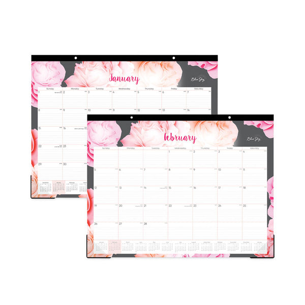 Joselyn Desk Pad, Rose Artwork, 22 x 17, White/Pink/Peach Sheets, Black Binding, Clear Corners, 12-Month (Jan to Dec): 2025 (BLS102714) Each