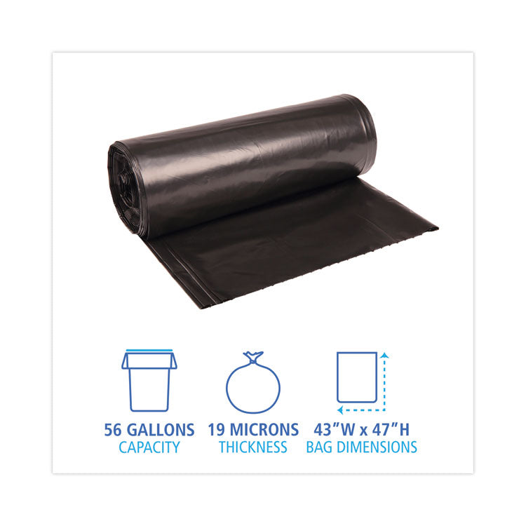 Boardwalk® High-Density Can Liners, 56 gal, 19 microns, 43" x 47", Black, 25 Bags/Roll, 6 Rolls/Carton (BWK434722BLK)