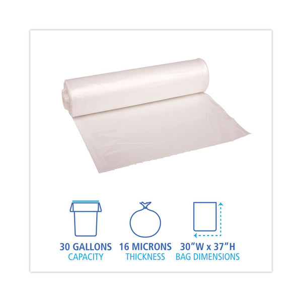 Boardwalk® High Density Industrial Can Liners Coreless Rolls, 30 gal, 16 microns, 30 x 37, Natural, 25 Bags/Roll, 20 Rolls/Carton (BWKRH3037S) Case of 500