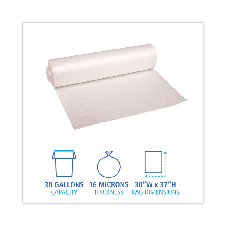 Boardwalk® High Density Industrial Can Liners Coreless Rolls, 30 gal, 16 microns, 30 x 37, Natural, 25 Bags/Roll, 20 Rolls/Carton (BWKRH3037S) Case of 500