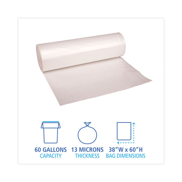 Boardwalk® High Density Industrial Can Liners Coreless Rolls, 60 gal, 13 microns, 38 x 60, Natural, 25 Bags/Roll, 8 Rolls/Carton (BWKRH3860H) Case of 200