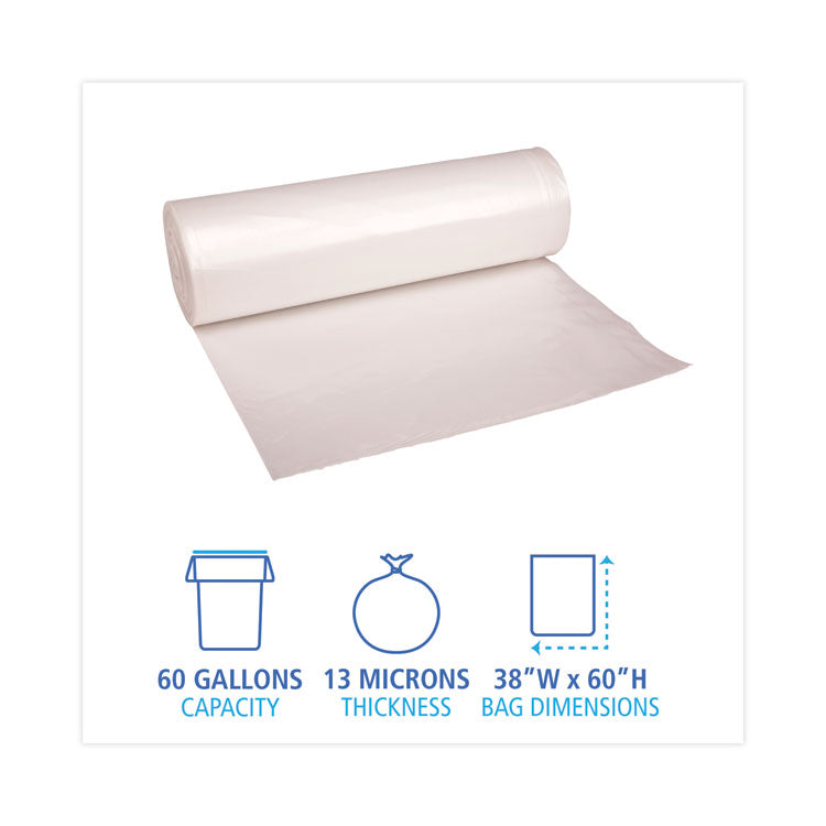 Boardwalk® High Density Industrial Can Liners Coreless Rolls, 60 gal, 13 microns, 38 x 60, Natural, 25 Bags/Roll, 8 Rolls/Carton (BWKRH3860H) Case of 200