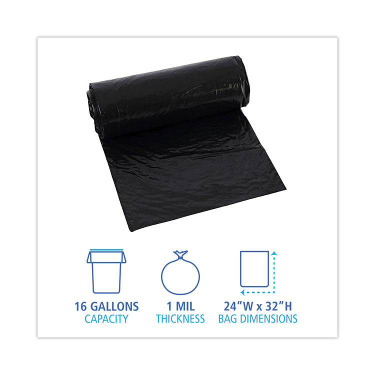 Boardwalk® Low-Density Waste Can Liners, 16 gal, 1 mil, 24 x 32, Black, 10 Bags/Roll, 15 Rolls/Carton (BWK510)