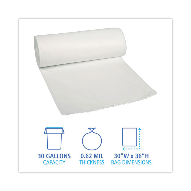 Boardwalk® Linear Low Density Can Liners, 30 gal, 0.62 mil, 30" x 36", White, 10 Bags/Roll, 20 Rolls/Carton (BWK511) Case of 200