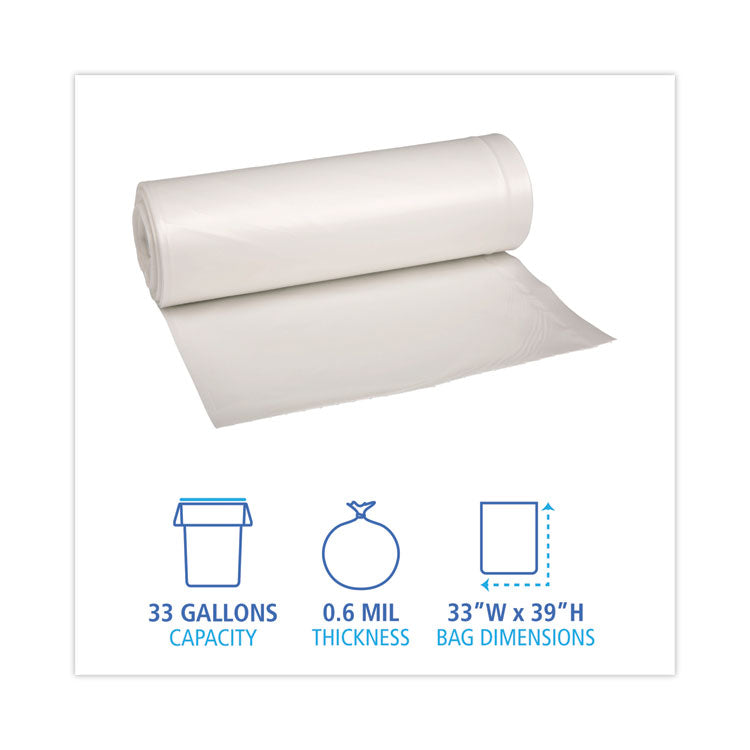 Boardwalk® Low-Density Waste Can Liners, 33 gal, 0.6 mil, 33 x 39, White, 25 Bags/Roll, 6 Rolls/Carton (BWK512) Case of 150