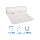 Boardwalk® Linear Low Density Can Liners, 55 gal, 0.63 mil, 38" x 58", White, 10 Bags/Roll, 10 Rolls/Carton (BWK515) Case of 100