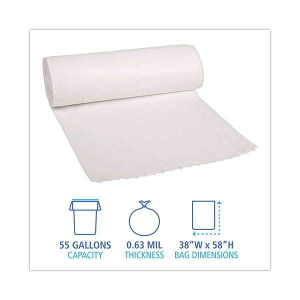 Boardwalk® Linear Low Density Can Liners, 55 gal, 0.63 mil, 38" x 58", White, 10 Bags/Roll, 10 Rolls/Carton (BWK515)