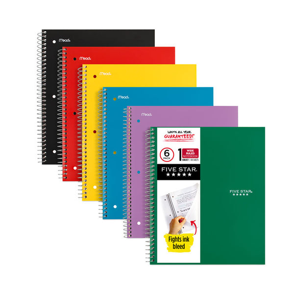 Five Star® Wirebound Notebook, 1-Subject, Wide/Legal Rule, Randomly Assorted Cover Color, (100) 10.5 x 8 Sheets, 6/Pack (MEA38042) Each