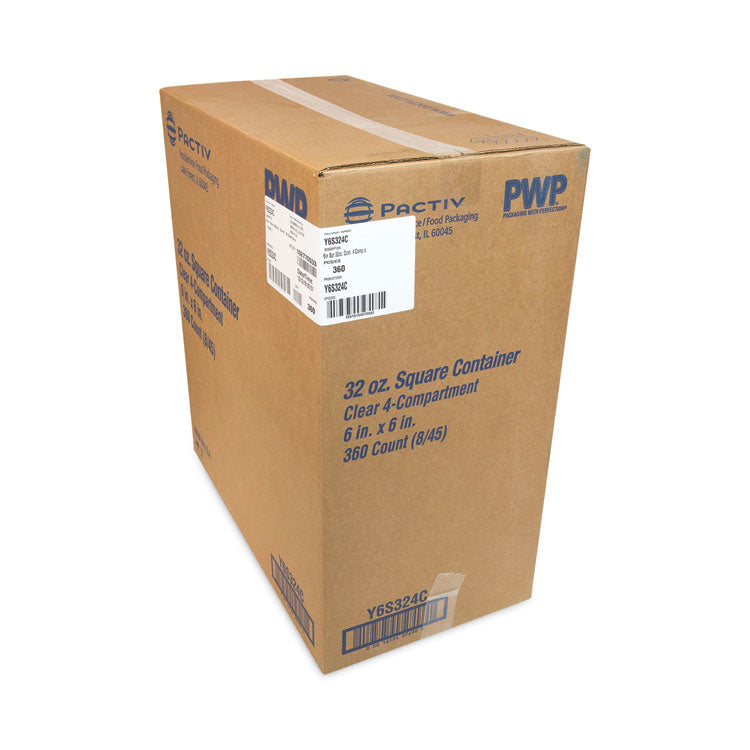 Pactiv Evergreen EarthChoice Square Recycled Bowl,4-Compartment, 32 oz, 6.13 x 6.13 x 2.61, Clear, Plastic, 360/Carton (PCTY6S324C) Case of 360