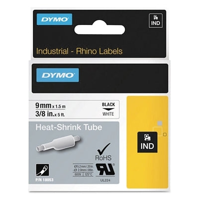 DYMO® Heat Shrink Tube, 3/8 in W x 5 ft L, Black Print on White, Gloss (784-18053) Pack of 5