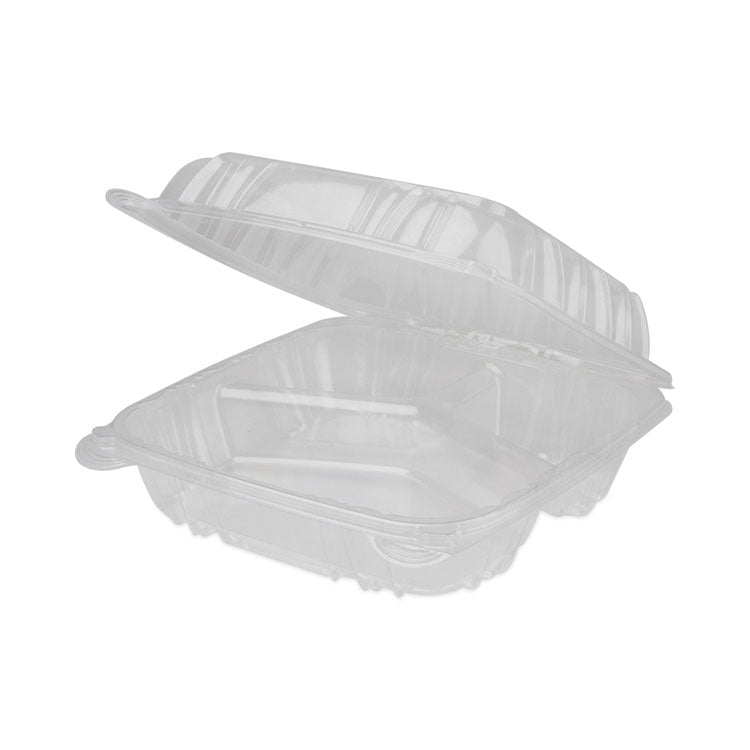 Pactiv Evergreen SENSATION SmartLock Hinged Lid Container, 3-Compartment, 8.24 x 8.34 x 3.05, Clear, Plastic, 200/Carton (PCTYCI821230000) Case of 200
