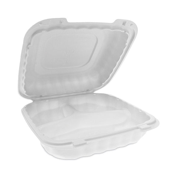 Pactiv Evergreen EarthChoice SmartLock Microwavable MFPP Hinged Lid Container, 3-Compartment, 8.31 x 8.35 x 3.1, White, Plastic, 200/Carton (PCTYCN808030000) Case Of 200