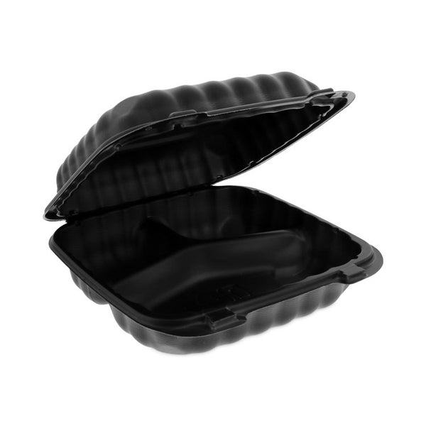 Pactiv Evergreen EarthChoice SmartLock Microwavable MFPP Hinged Lid Container, 3-Compartment, 8.3 x 8.3 x 3.4, Black, Plastic, 200/Carton (PCTYCNB08030000) Case of 200