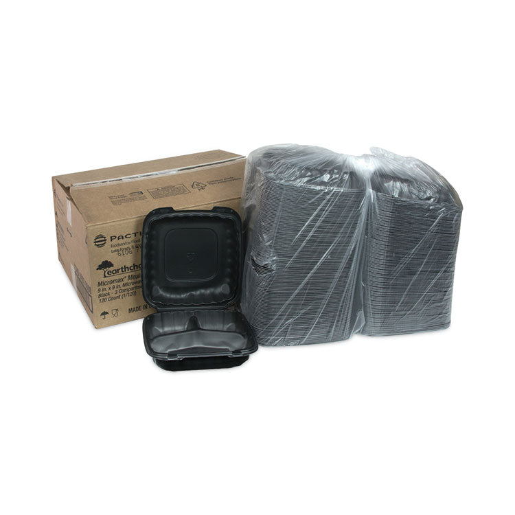Pactiv Evergreen EarthChoice SmartLock Microwavable MFPP Hinged Lid Container, 3-Compartment, 9.33 x 8.88 x 3.1, Black, Plastic, 120/Carton (PCTYCNB09030000) Case of 120