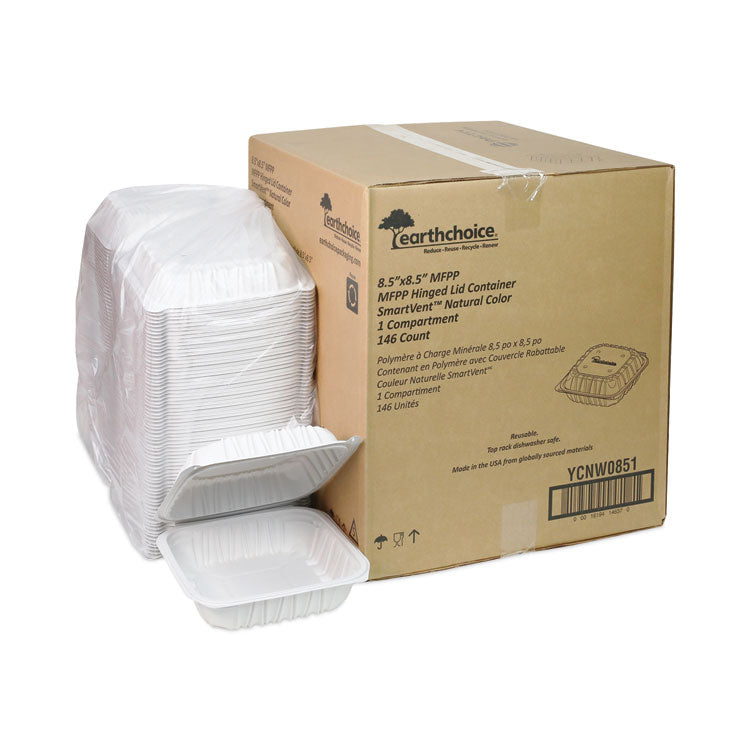 Pactiv Evergreen EarthChoice Vented Microwavable MFPP Hinged Lid Container, 8.5 x 8.5 x 3.1, White, Plastic, 146/Carton (PCTYCNW0851) Case of 146