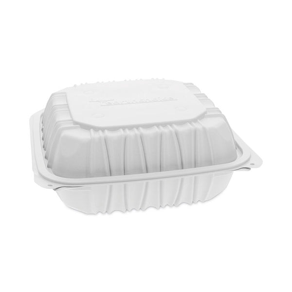 Pactiv Evergreen EarthChoice Vented Microwavable MFPP Hinged Lid Container, 3-Compartment, 8.5 x 8.5 x 3.1, White, Plastic, 146/Carton (PCTYCNW0853) Case of 146