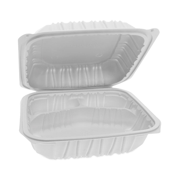 Pactiv Evergreen EarthChoice Vented Microwavable MFPP Hinged Lid Container, 3-Compartment, 8.5 x 8.5 x 3.1, White, Plastic, 146/Carton (PCTYCNW0853) Case of 146