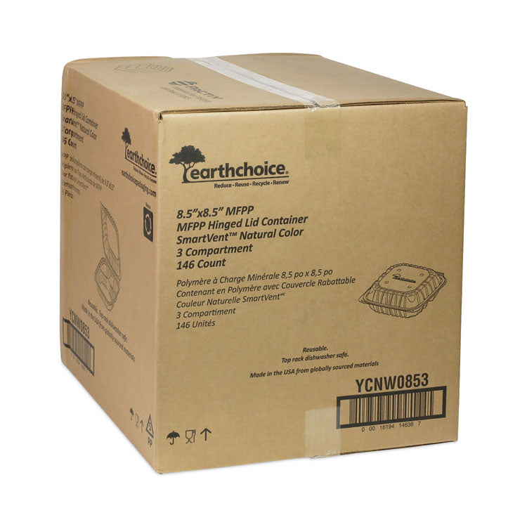 Pactiv Evergreen EarthChoice Vented Microwavable MFPP Hinged Lid Container, 3-Compartment, 8.5 x 8.5 x 3.1, White, Plastic, 146/Carton (PCTYCNW0853) Case of 146